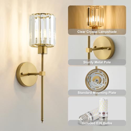 Brass Wall Sconce Set of 2 with Cylindrical Crystal Shade - Dimmable LED, 20.1 Inch