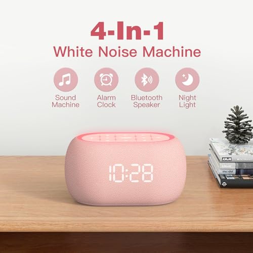 Pink Small White Noise Sound Machine Alarm Clock with Bluetooth & Night Light