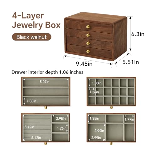 Wooden Jewelry Box with 4 Drawers - Black Walnut Jewelry Organizer for Women & Men - Handcrafted Storage Solution