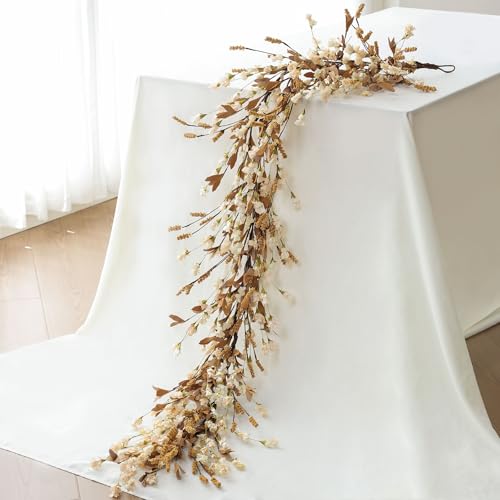 Artificial Fall Garland 6 Feet Beige Floral & Leaf Decor for Mantle, Wedding & Room