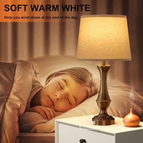 Tall D. Oat Shade & Brown Base Touch Lamps for Nightstand - 3 Way Dimmable with USB-C & USB-A Ports