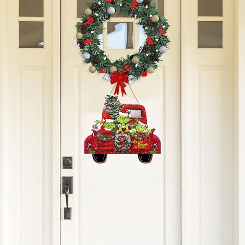 Bpwasxda Christmas Door Sign Green Truck Wreath, Wooden Wall Hanging, Front Door Decor 12.6 x 11.8 in