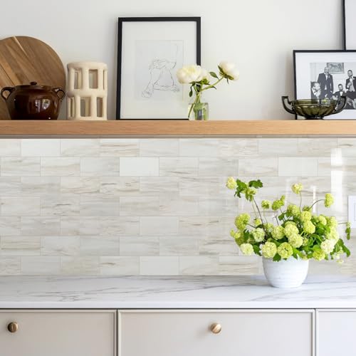 Vamos Tile 100-Piece Glossy Wooden Marble Grain Peel and Stick Subway Tile 3x6 Inches, White Grout, Backsplash for Kitchen Bathroom Fireplace - Variation of 100 / Wooden Marble Grain