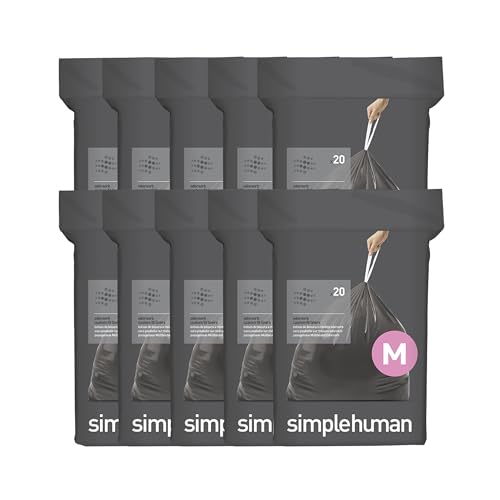 simplehuman Code M Odorsorb® Custom Fit Trash Bags Pack of 200, 40-45L, Odor-Absorbing, Extra Thick, Double Seamed, Recycled Plastic
