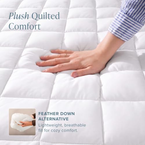 Bare Home Queen Quilted Mattress Pad - White, Deep Pocket Fitted, 15" Depth