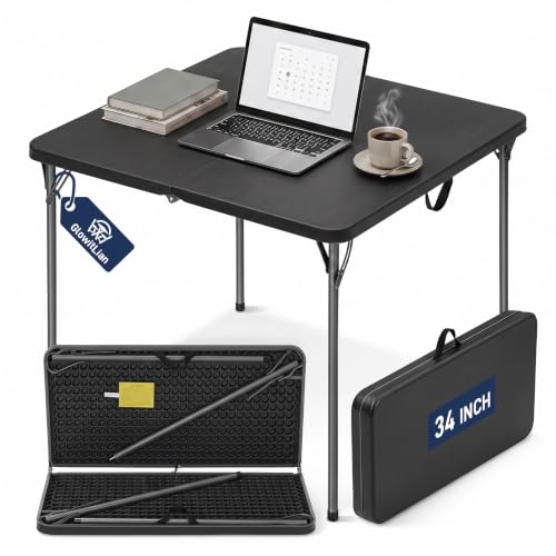 GlowitLian 34-Inch Square Folding Table for 4 People - Black - Portable Picnic & Party Table