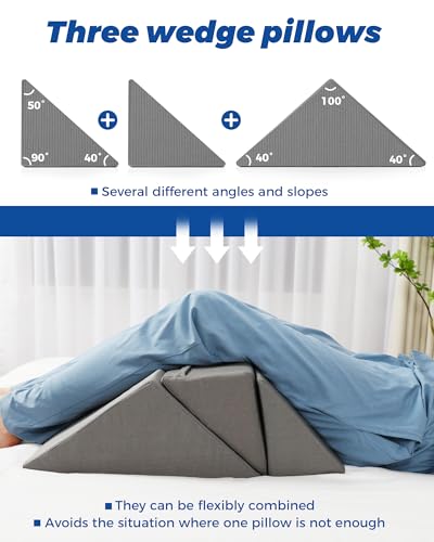 Fanwer Grey 3-in-1 Bed Wedge Pillow Set for Side Sleeping & Body Support, 19.69"