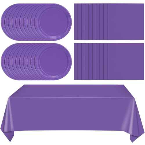 49Pcs Purple Birthday Party Decorations Purple Party Supplies Set Include 24 Plates 24 Napkins and 1 Tablecloth, Disposable Purple Tableware for Birthday Wedding Graduation Baby Showers Party