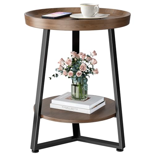 Walnut 2-Tier Round End Table with Storage Shelf, Child-Safe Tray Top, Modern Farmhouse Design, Small Space Couch Side Table