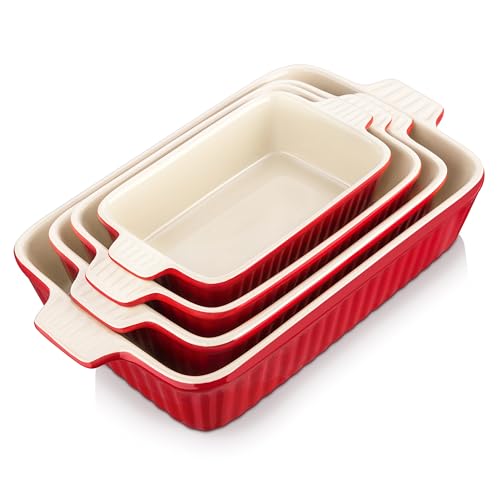 MALACASA Red Ceramic Casserole Dishes Set of 4 with Handles – Rectangular Bakeware