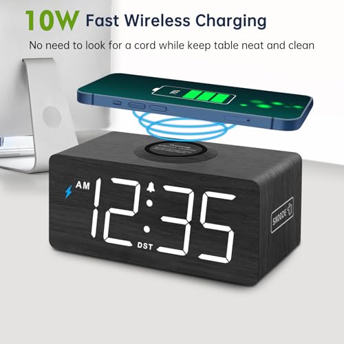 Black Wooden Digital Alarm Clock with Wireless Charging Station - DreamSky