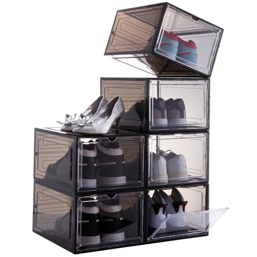 Attelite Stackable Clear Shoe Storage Boxes - Black, XL 6-Pack
