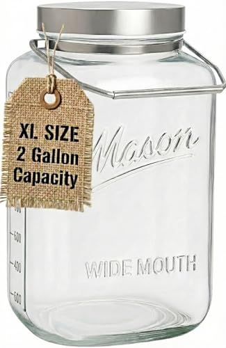 2 Gallon Glass Mason Jar with Airtight Metal Lid & Handle - Bulk Food Storage