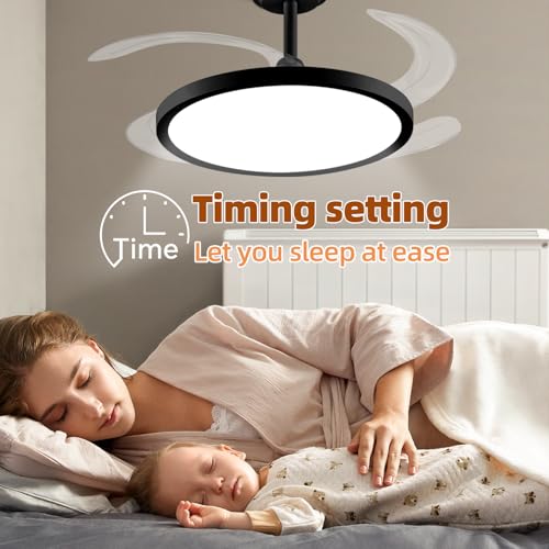 BAYSQUIRREL Downrod Mount Black Retractable Ceiling Fan with Lights & App Control