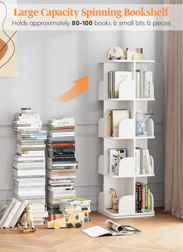White Rotating Bookshelf Tower, 4-Tier Spinning Corner Bookcase for Small Spaces
