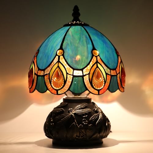 Mini Tiffany Mushroom Table Lamp - Peacock Crystal Accent Nightlight 11 Inch