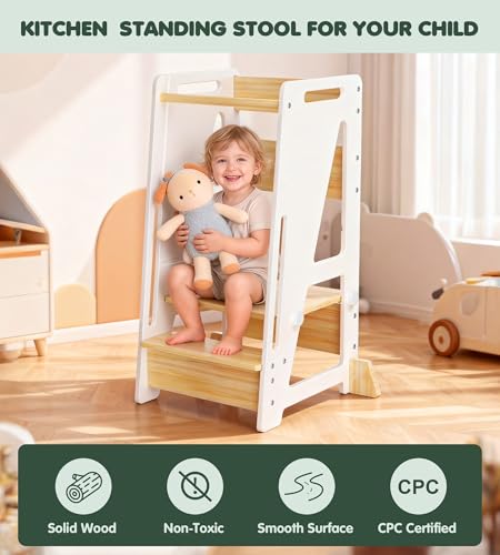 White Toddler Kitchen Helper Stool - Adjustable 3-Level Wooden Learning Step for Kids