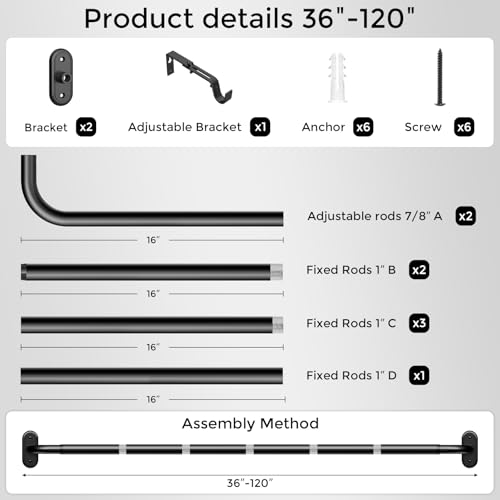Wolistsa Black Heavy Duty Extendable Curtain Rod 36-120 Inches for Windows, 1 Pack