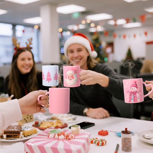 Pink Christmas Mug Set of 6, 10 oz Ceramic Holiday Coffee Cups - Festive Decor