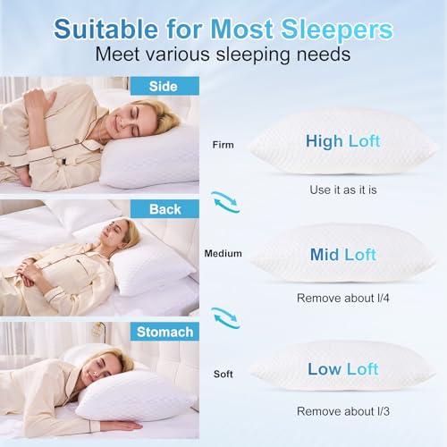 NTCOCO White Cooling Queen Size Shredded Memory Foam Pillow Set of 2 - Hypoallergenic, Removable Cover, Adjustable Loft for Side & Back Sleepers