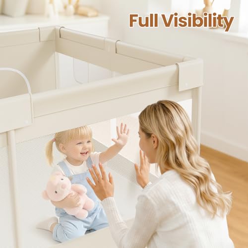 Beige Large Baby Playpen - 69x59 Inch Safety Play Yard for Toddlers & Babies - Sturdy Mesh Sides & Side Pockets