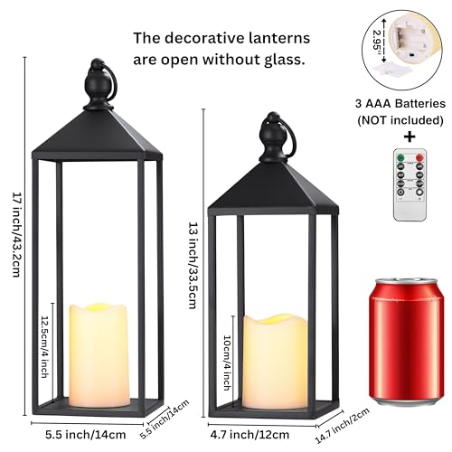 Decorative Lanterns Set of 2 Black Metal Lanterns with Flameless LED Candles - 17 & 13 Inches - Indoor & Outdoor Farmhouse Modern Decor