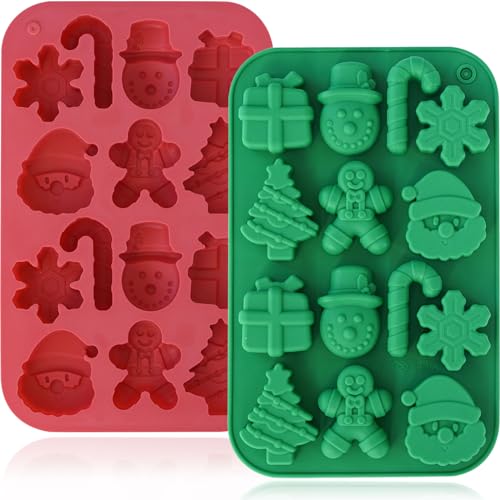 HKNMTT Christmas Silicone Chocolate Molds, 2 PCS Candy Baking Moulds, 3D Snowflake Cane Snowman Xmas Tree Gingerbread Man Santa Claus Gift Box Shape Mold for DIY Handmade Soap Candles Jello