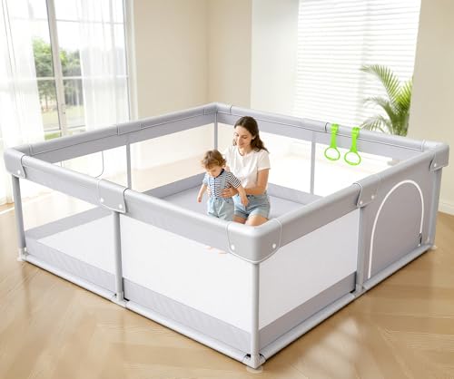 Fodoss Baby Playpen 47x47in with Door - Light Grey, Safe & Easy Setup