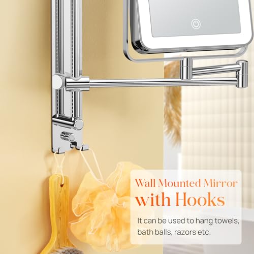Height Adjustable Wall Mounted Makeup Mirror with LED Lights & Hooks