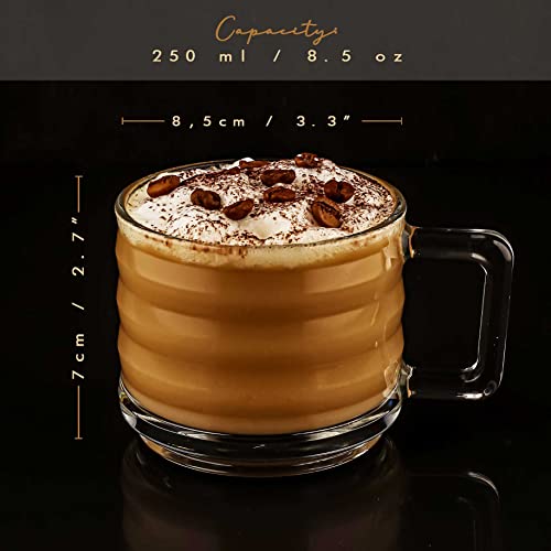 Set of 6 Stackable Fully Tempered Glass Coffee Mugs with Ribbed Design 250cc/8.5oz Turkish Coffee Cup