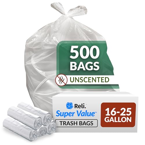 Reli SuperValue 16-25 Gallon Trash Bags - Bulk 500 Clear Garbage Bags (Pack of 500)