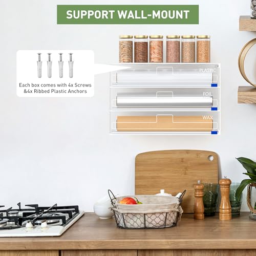 3-in-1 Acrylic Foil & Plastic Wrap Organizer with Cutter - Wall Mount or Drawer