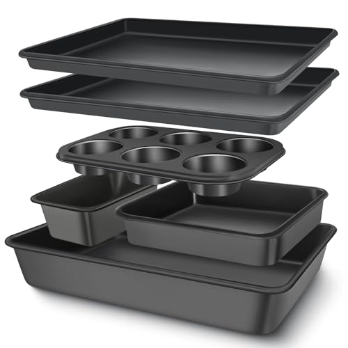 Dark Gray Nonstick Baking Pans Set - 6 Pieces Bakeware Includes Cookies, Loaf, Square & Muffin Pans