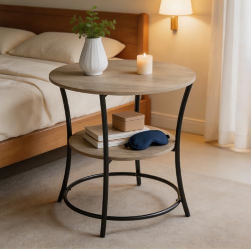 WLIVE Light Grey 2-Tier Round End Table Steel Frame Small Space Living Room Nightstand