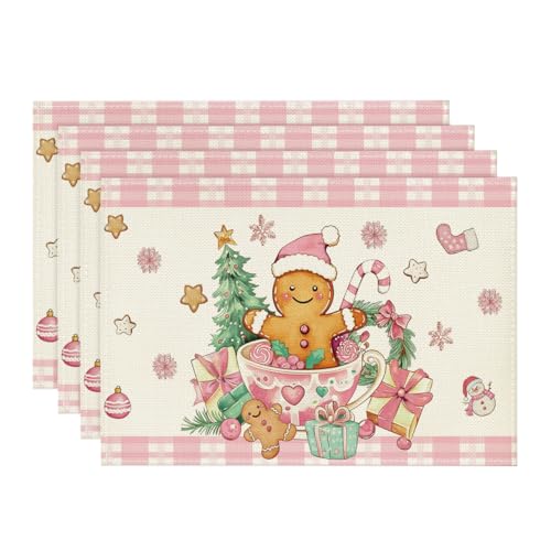 Artoid Mode 12x18 Pink Gingerbread Placemats (Set of 4) Christmas Holiday Table Mats
