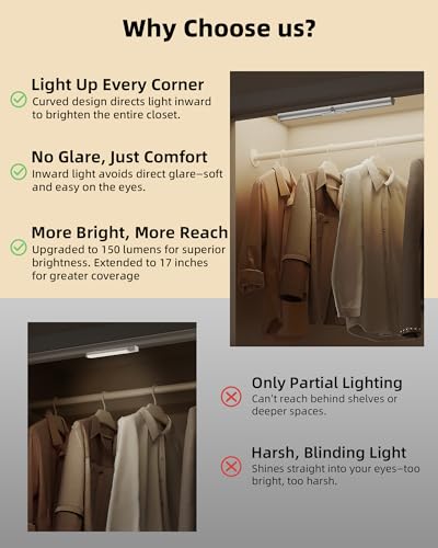 EZVALO 17-Inch Motion Sensor Closet Lights 3 Modes Rechargeable Battery