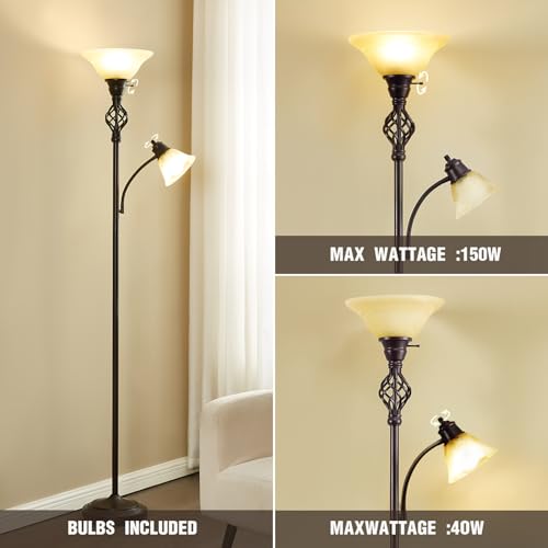 GyroVu Torchiere Floor Lamp for Living Room - Red Brown & Yellow Frosted Glass Shade