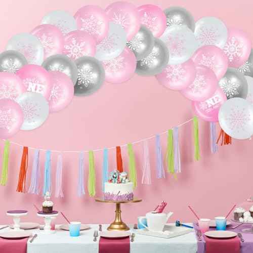 45 Pcs Snowflake Balloons Winter Wonderland Frozen Balloons Onederland First Birthday Party Decorations for Christmas Baby Shower Wedding Decor (Pink, Silver, White)