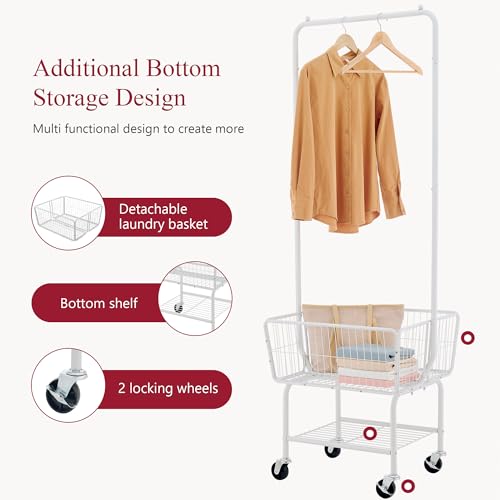 White Rolling Laundry Cart with Hanging Rack & Storage Basket - Multi-Functional Organizer