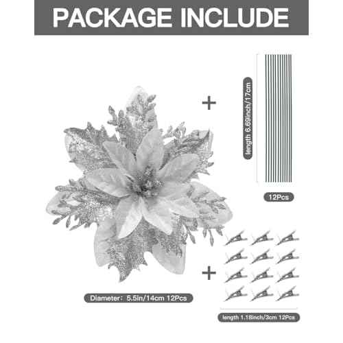 Poinsettias Artificial Christmas Flowers Decorations - 12 Pcs Artificial Silver Poinsettia Flowers for Christmas Tree,Fake Glitter Poinsettia 5.5" with Clips Stems for Home Outdoor Decor(Silver)