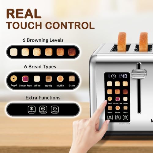 Mecity 4-Slice Stainless Steel Touch Screen Toaster with Dual Control, 6 Browning Levels