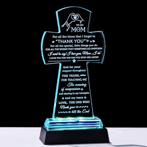 Movdyka Mom Cross Light Gift - Religious Glass Keepsake with Colorful LED Base