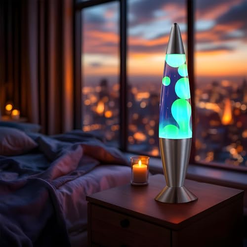 16-Inch Liquid Motion Night Light Lamp - Blue Liquid with Yellow Wax, Silver Base, Relaxing Home Decor