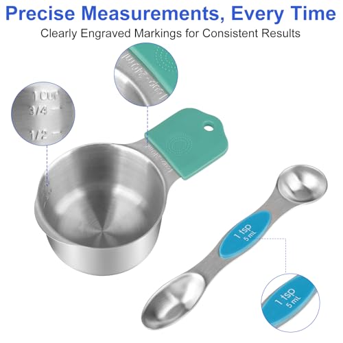 Light Colorful Magnetic Measuring Cups and Spoons Set - Heavy Duty 304 Stainless Steel