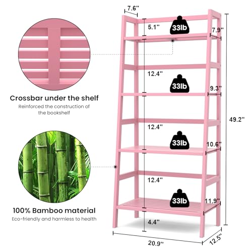Pink Ladder Shelf - 4-Tier Bamboo Bookcase & Organizer for Home