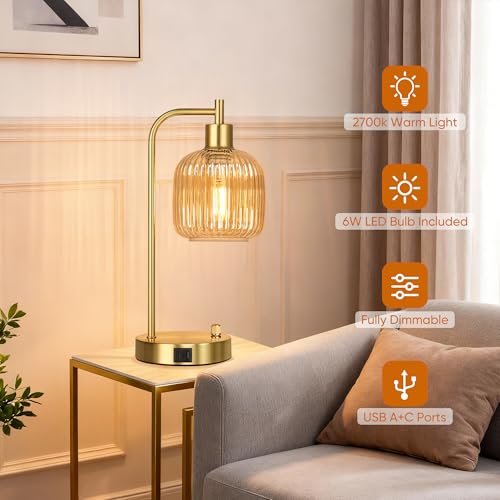 Dimmable Champagne Glass Table Lamps Set of 2 with USB Ports - Gold & Champagne Variation