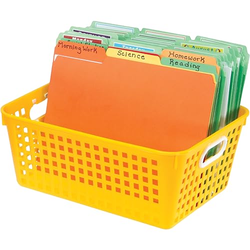 Rainbow Plastic Storage Baskets with Handles - Large Classroom Organizer Set - 6 Pack