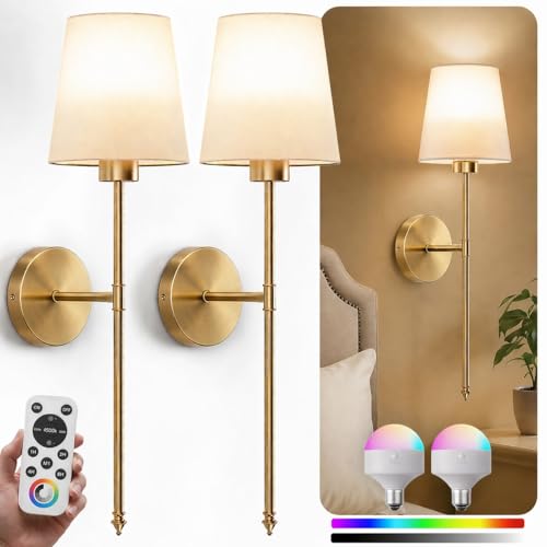 Wireless Rechargeable Wall Sconces Set of 2 - Gold Fabric Shade Dimmable Lights with Remote for Bedroom & Living Room