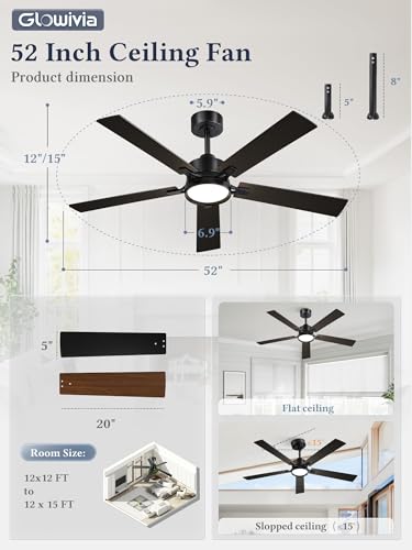 Glowivia 52 Inch Black Ceiling Fan with Lights, Remote & App Control, DC Motor
