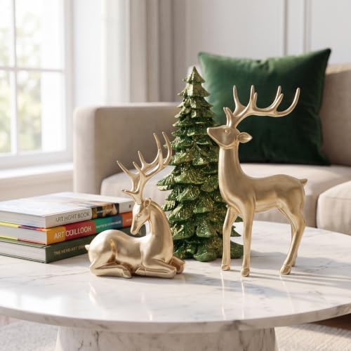 LTXHOMMO Christmas Reindeer Figurine Set of 3 - Gold Standing Holiday Decor
